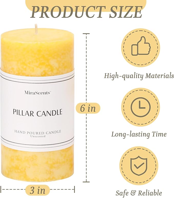3x6 inch Yellow Pillar Candles Set of 3, Unscented Pillar Candle, Dripless and Smokeless Large