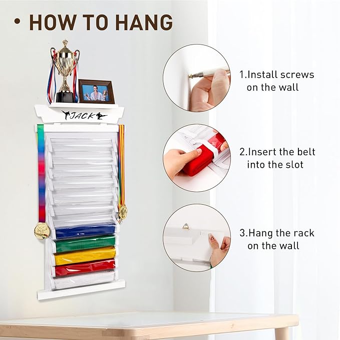 Tilhumt 12/10 Belts Karate Belt Display Rack with Stickers, Taekwondo Belt Display with