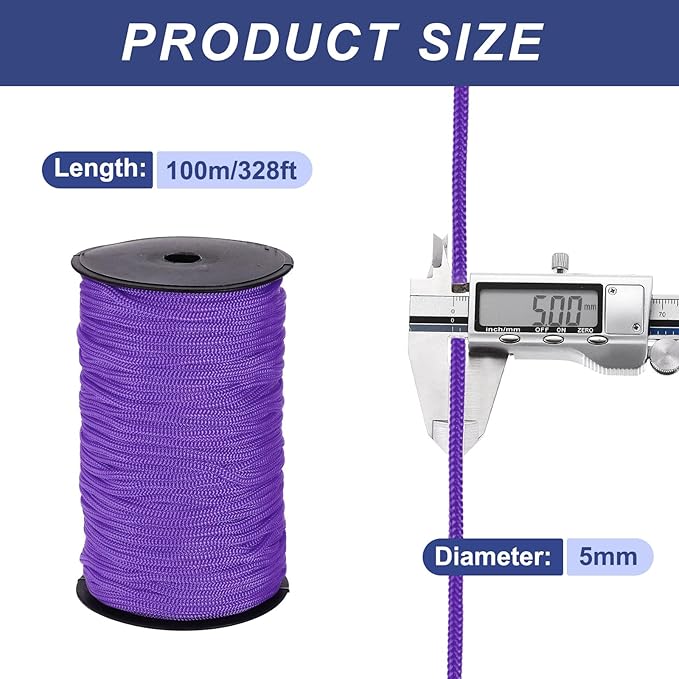 MECCANIXITY 3/16 Inch Polypropylene Rope Braided Ropes, 328ft Nylon Rope Hollow Utility Cord for