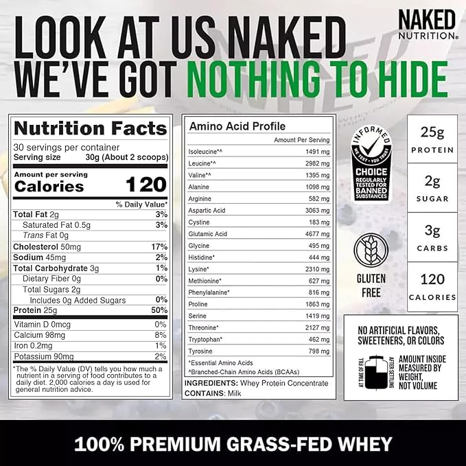 NAKED Whey 2LB 100% Grass Fed Whey Protein Powder - Only 1 Ingredient, Unflavored Whey Protein