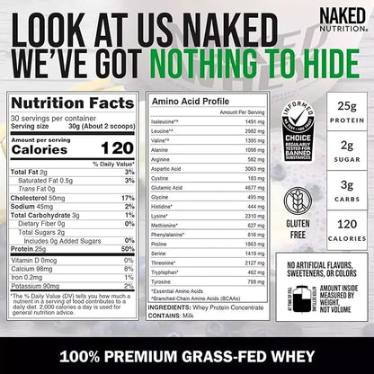 NAKED Whey 2LB 100% Grass Fed Whey Protein Powder - Only 1 Ingredient, Unflavored Whey Protein