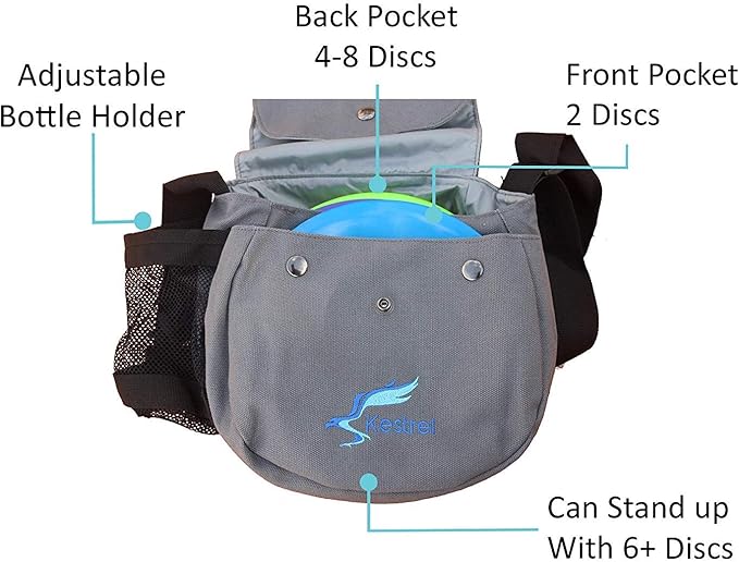 Kestrel Black Disc Golf Bag - Fits 6-10 Golf Discs + Bottle - For Beginner & Advanced Golfers