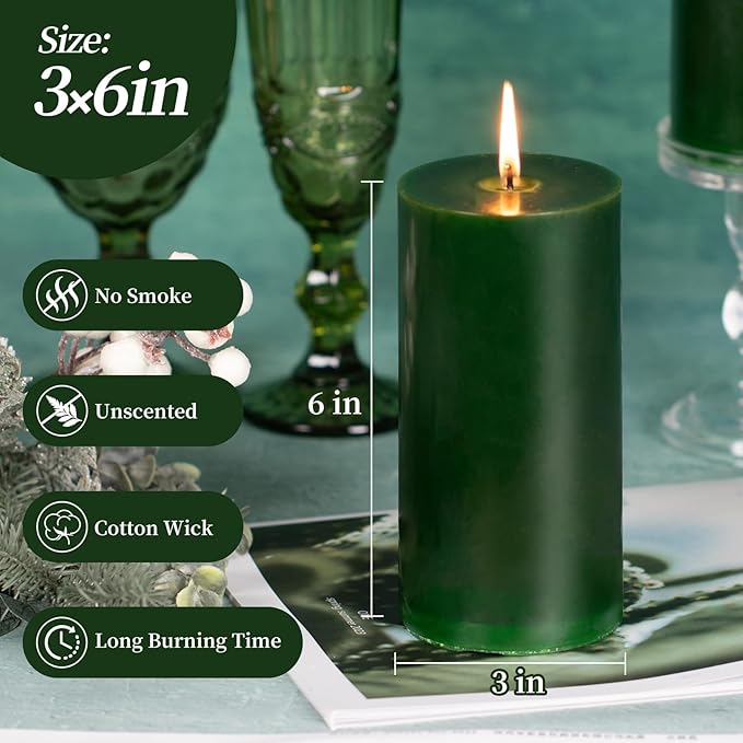 KONNI Navy Green Pillar Candles Set of 3, 3"x 6" Unscented Pillar Candles Bulk, 56 Hours Long
