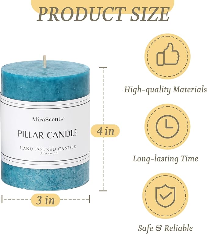 3x4 inch Blue Pillar Candles Set of 3, Unscented Pillar Candle, Dripless and Smokeless Large