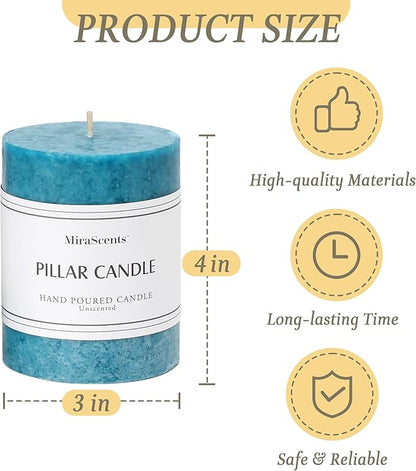 3x4 inch Blue Pillar Candles Set of 3, Unscented Pillar Candle, Dripless and Smokeless Large