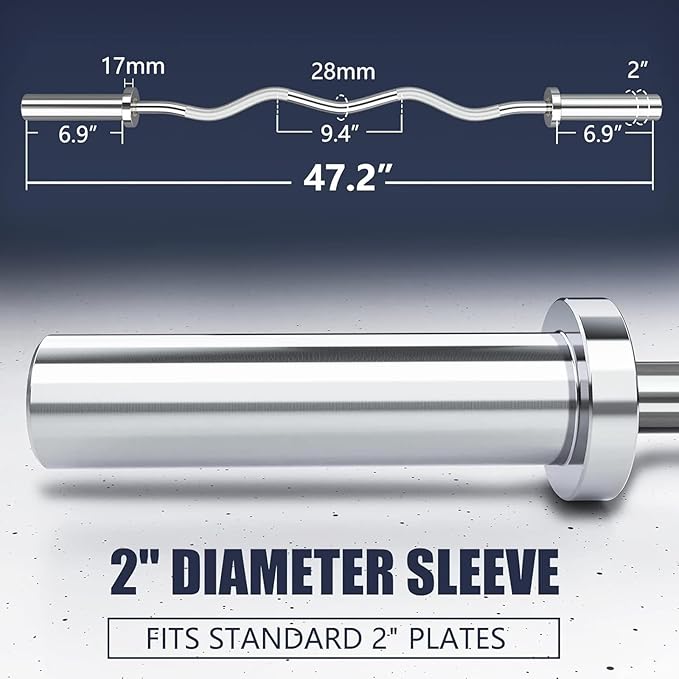 TECHNOAGE Olympic EZ Curl Bar, 47" Curl Bar(350/500LBS Capacity) 20LB, Solid Steel, Chrome Finish
