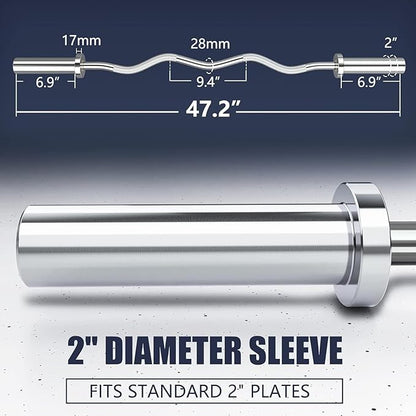 TECHNOAGE Olympic EZ Curl Bar, 47" Curl Bar(350/500LBS Capacity) 20LB, Solid Steel, Chrome Finish