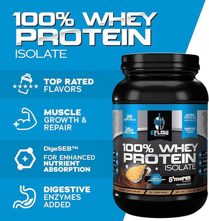 eFlow Nutrition 100% Whey Protein Isolate - Gluten & Lactose-Free Digestive Enzymes Added, Low