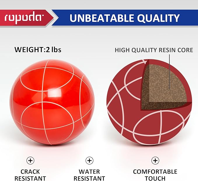 ropoda 90mm Bocce Ball Set with 8 Polyresin Balls, Pallino, Case and Measuring Rope for