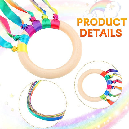 Junkin Ribbon Rings Hand Kite Waldorf Toys Dancing Wrist Ribbons Rainbow Streamers with Wood Ring