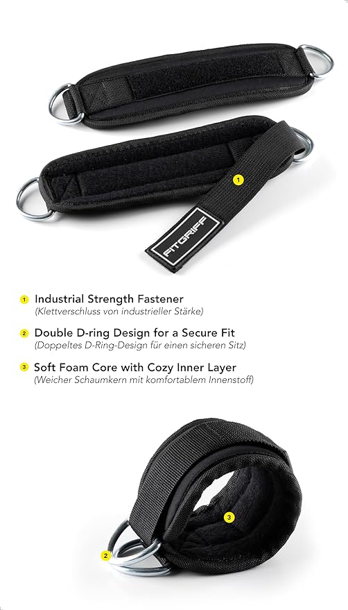 Fitgriff® Ankle Straps V3 for Cable Machine (2 Pieces) - Gym Workout Equipment - Leg Pulley