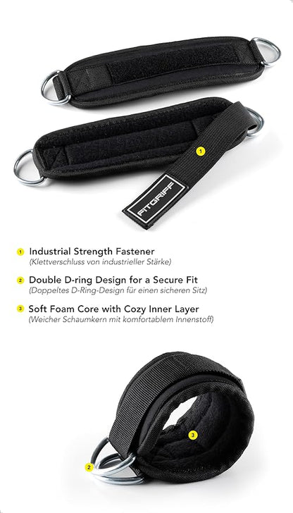 Fitgriff® Ankle Straps V3 for Cable Machine (2 Pieces) - Gym Workout Equipment - Leg Pulley