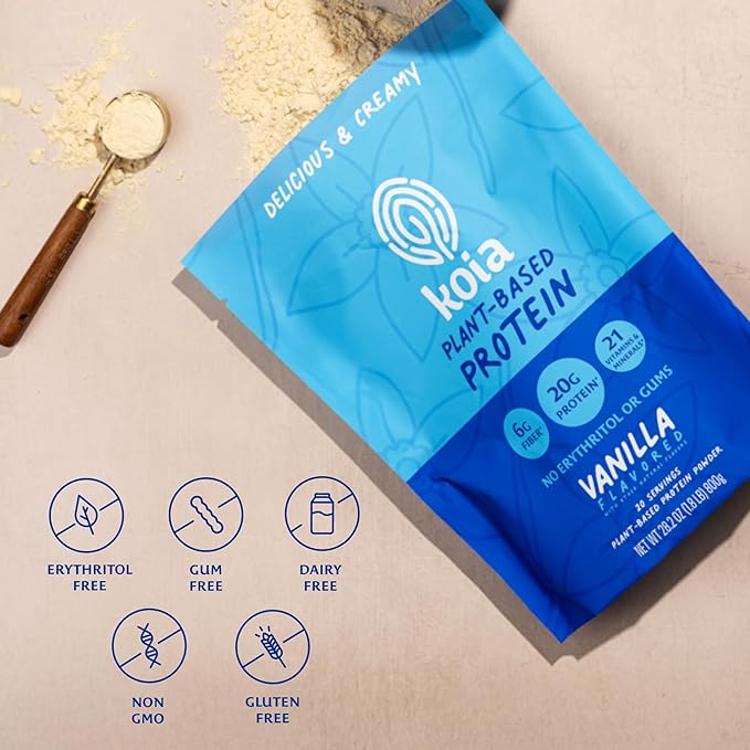 Koia Plant Based Protein Powder, Vanilla, 20g Protein, 3g Sugar, 6g Prebiotic Fiber, Pre & Post