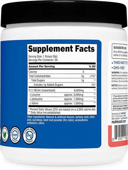Nutricost BCAA Powder (Watermelon, 30 Servings) - Optimal 2:1:1 Ratio