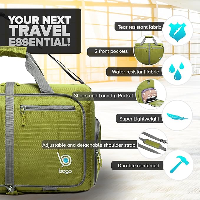 Bago Foldable Duffel Bags for Traveling Women & Men - 40L Sports Packable Duffle Bag for Travel