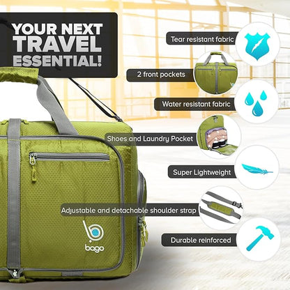 Bago Foldable Duffel Bags for Traveling Women & Men - 40L Sports Packable Duffle Bag for Travel