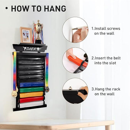 Tilhumt 12/10 Belts Karate Belt Display Rack with Stickers, Taekwondo Belt Display with