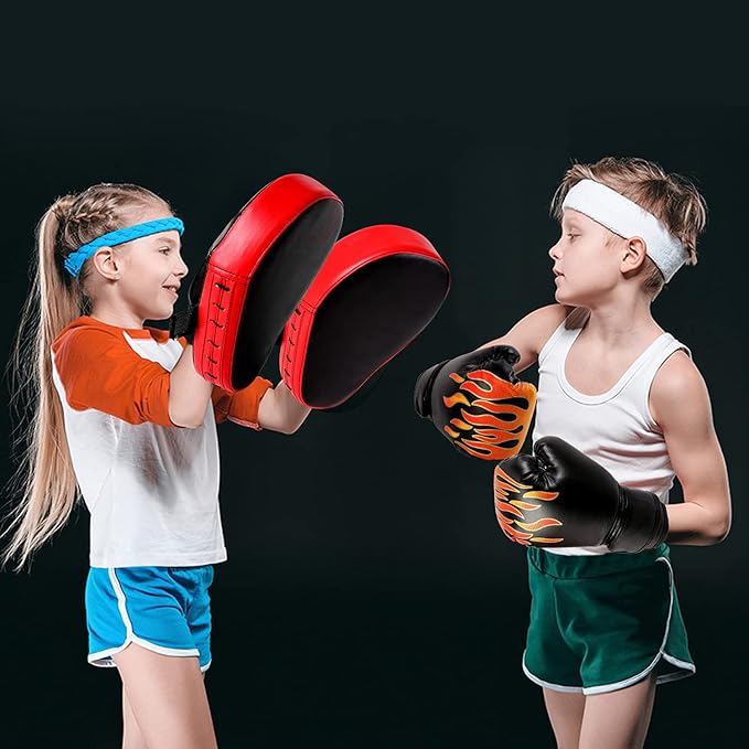 Odoland 3-in-1 Kids Youth Boxing Set - Punching Mitts, Kick Pads, Gloves for Boxing, Kickboxing