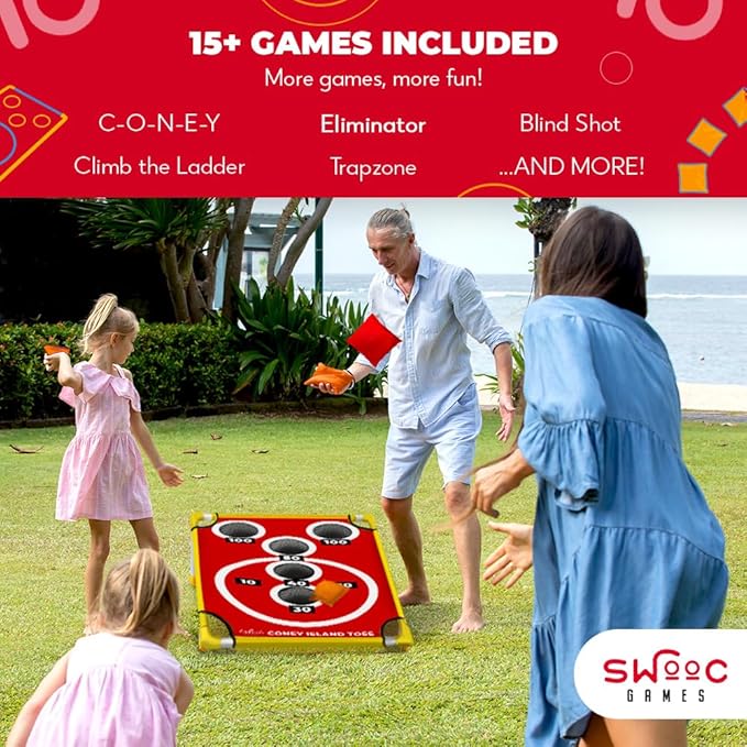 SWOOC Games - Coney Island Toss™ - Arcade Style Cornhole Board Set w/Carrying Case & 15+ Games