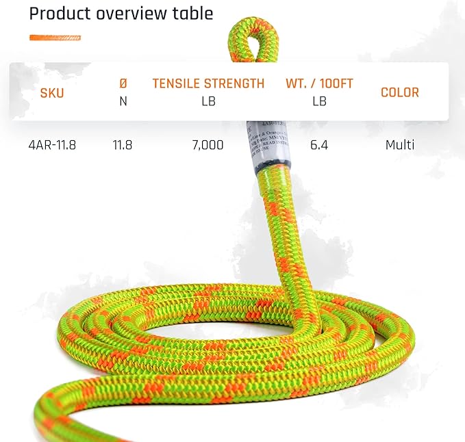 Pelican Rope Arborist Rope 11.8mm x 150Ft High-Strength 24-Strands Static Climbing Rope | 5,400 lb