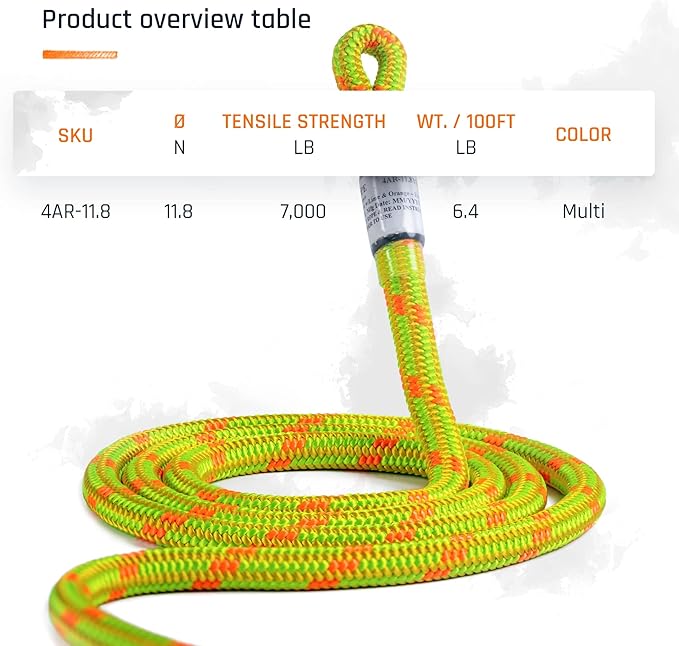 Pelican Rope Arborist Rope 11.8mm x 200Ft, USA Made High-Strength 24-Strands Static Climbing Rope