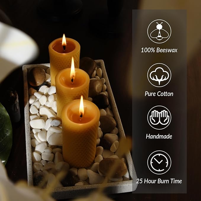 Honeycomb Natural Beeswax Pillar Candles - Pack of 2-100% Pure Beeswax Candles No Scent- for