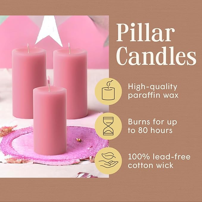Mister Candle Dripless Unscented Pillar Candles, Set of 3 Hand Poured Pink Pillar Candles, Solid