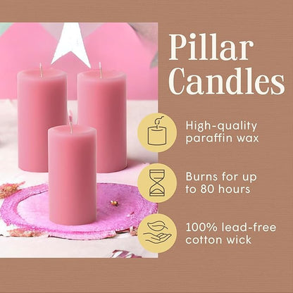 Mister Candle Dripless Unscented Pillar Candles, Set of 3 Hand Poured Pink Pillar Candles, Solid