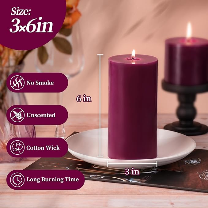 KONNI Purple Pillar Candles Set of 3, 3"x 6" Unscented Pillar Candles Bulk, 56 Hours Long Burning