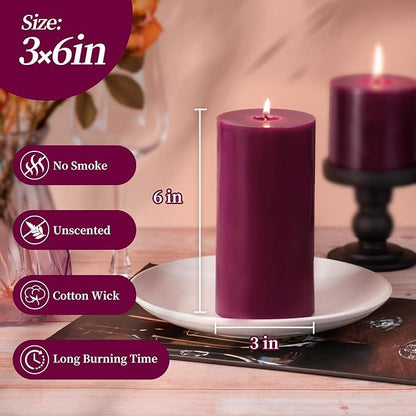 KONNI Purple Pillar Candles Set of 3, 3"x 6" Unscented Pillar Candles Bulk, 56 Hours Long Burning