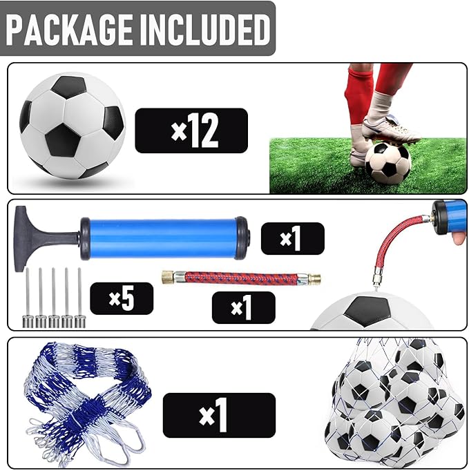 12-Pack Training Soccer Balls Size 5/4/3 with Pump – Bulk Deflated Balls for Teens and Adults