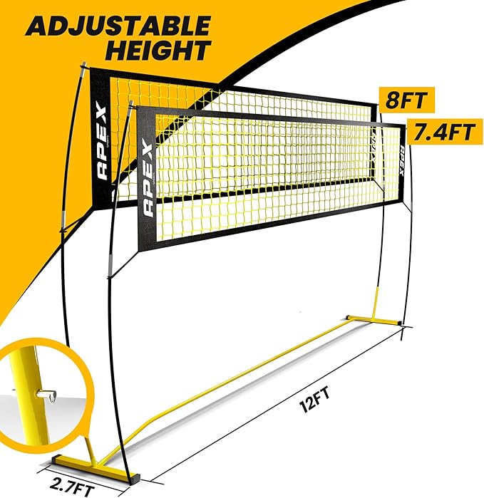 Volleyball Net Training – 12' Wide, Portable Adjustable Height 7.4' to 8' – Includes Ground Stakes