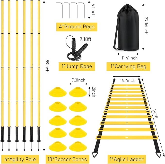 Soccer Agility Training Equipment: 6 Soccer Agility Poles, 20ft Agility Ladder, 10 Soccer Cones, 1