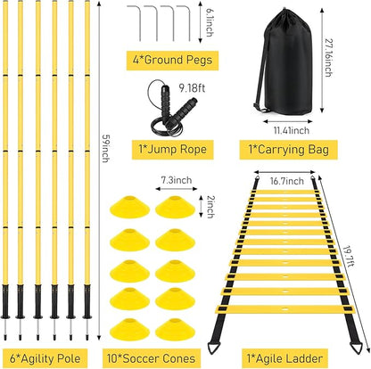 Soccer Agility Training Equipment: 6 Soccer Agility Poles, 20ft Agility Ladder, 10 Soccer Cones, 1