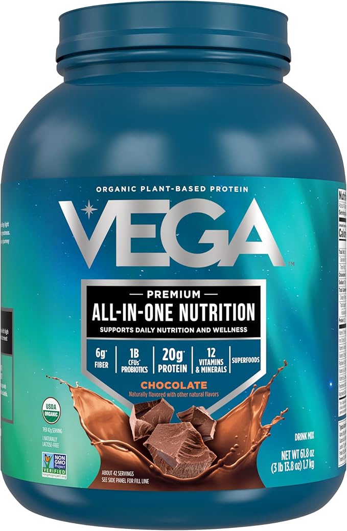 Vega All in One Nutrition Organic - 20g Plant-Based Pea Protein, Chocolate, 42 Servings, Vitamins A