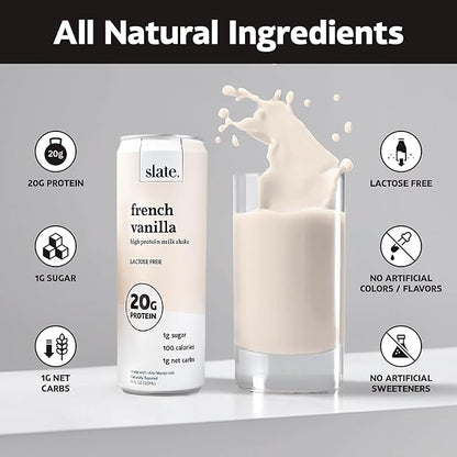 Slate Milk - High Protein Milk Shake - French Vanilla - Lactose Free, 20g Protein, 1g Sugar, 100