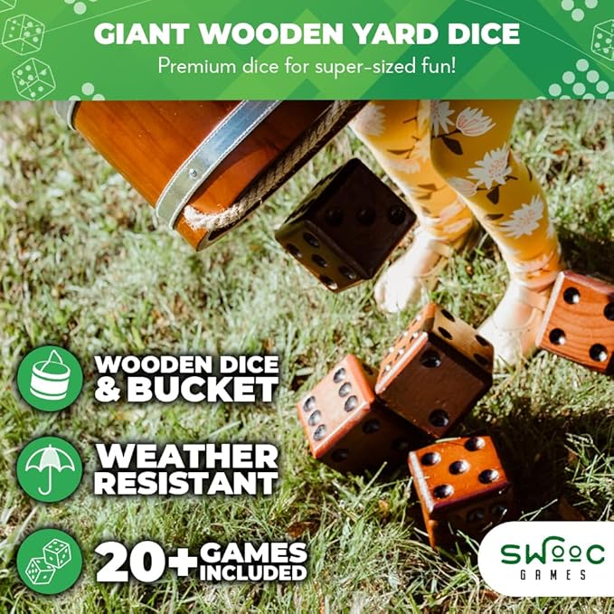 SWOOC Games - Yardzee, Farkle & 20+ Giant Dice Games (All Weather) Yard Dice with Wooden Bucket, 5