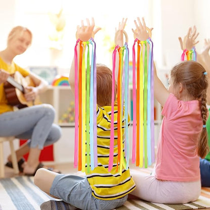 12 Pcs Rainbow Ribbon Wooden Waldorf Toys Creative Waldorf Hand Kite Set Streamers with Wood Ring