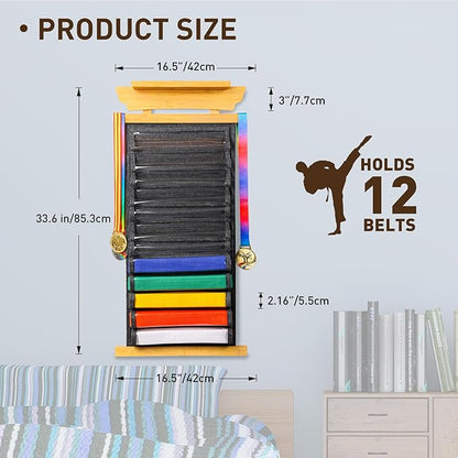 Tilhumt 12/10 Belts Karate Belt Display Rack with Stickers, Taekwondo Belt Display with
