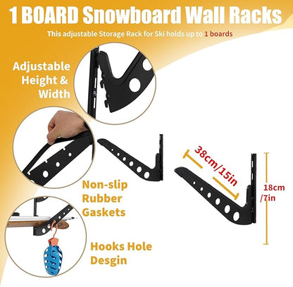 Snowboard Wall Racks, Adjustable Storage Rack for Ski, Surfboard, Wakeboard, Snowboard Wall Mount
