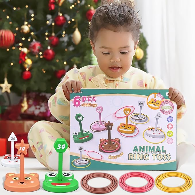 Animal Ring Toss Game Toy Set for Kids, 6 Targets Stands & 36 Rings Combo, Indoor Outdoor Party