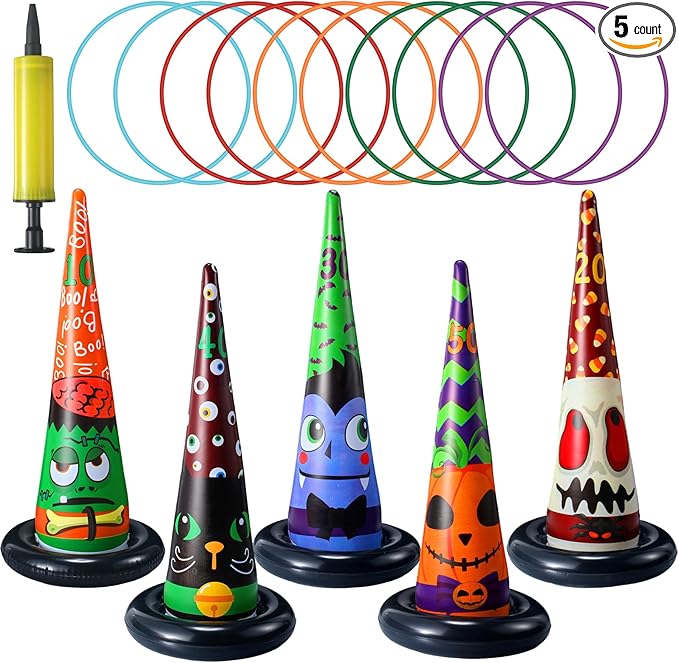 Capoda 16 Pcs Halloween Party Games Toys Inflatable Witch Hat Ring Toss Game with Plastic Toss