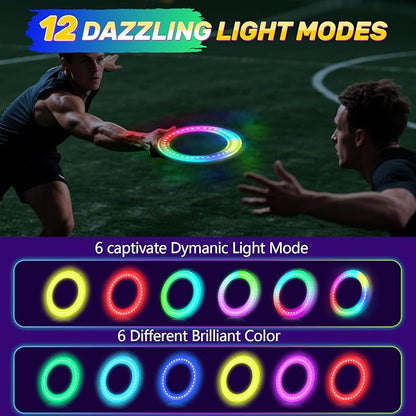 Amarlozn Light up Flying Ring Disc Toy for Kids Adults, 10" Rechargeable 12 Dynamic Modes Glow in