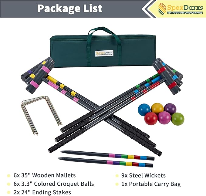 Six Player Deluxe Croquet Set, 35'' Croquette Game with Premium Wooden Mallets/Colored
