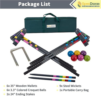 Six Player Deluxe Croquet Set, 35'' Croquette Game with Premium Wooden Mallets/Colored
