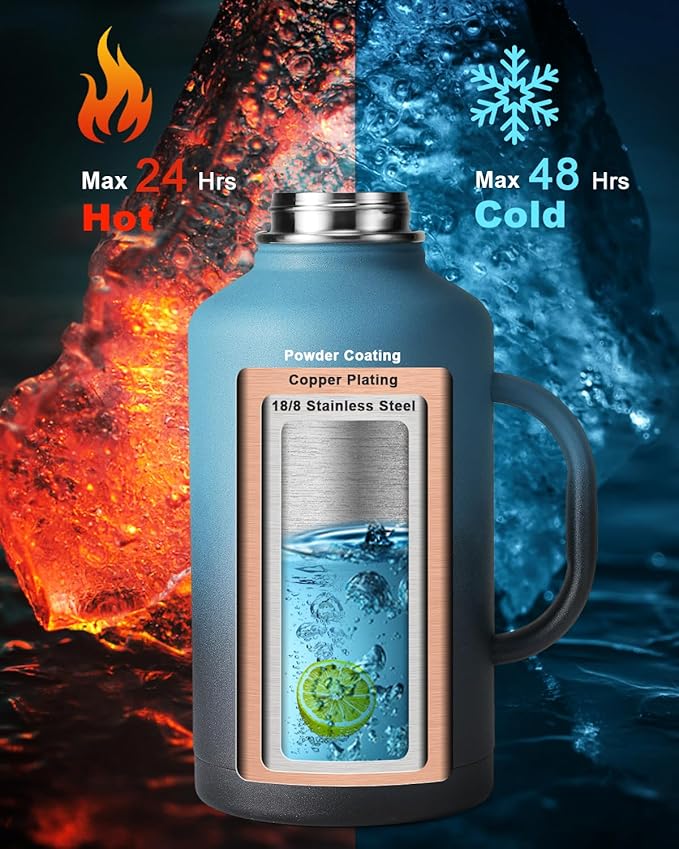 64oz Water Bottle Insulated with Handle,Double-Wall Vacuum Stainless Steel (Cold for 48 Hrs), Half