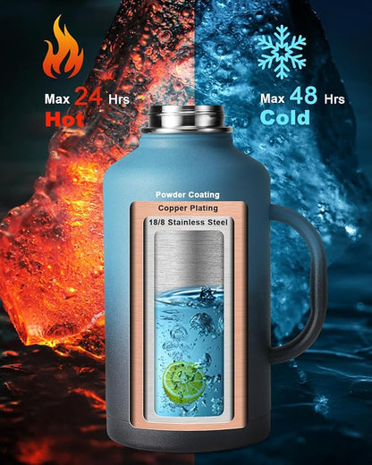 64oz Water Bottle Insulated with Handle,Double-Wall Vacuum Stainless Steel (Cold for 48 Hrs), Half