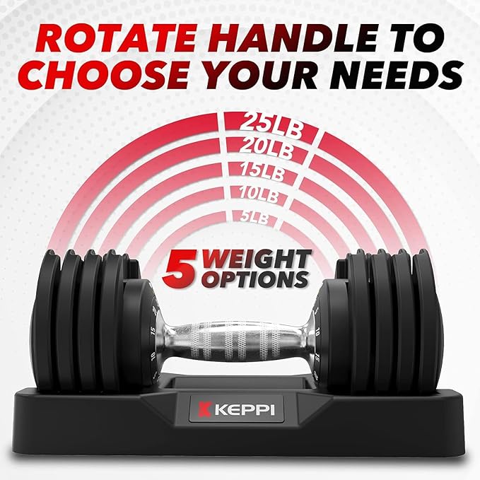 Keppi Adjustable Dumbbells Set-25lb/40lb/55lb/60lb, Anti-Slip Metal Fast Adjust Weight Handle