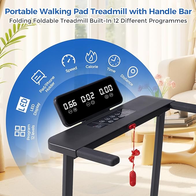 Walking Pad Treadmill with Handle Bar, Compact Portable Treadmills for Home Small, Electric Walking
