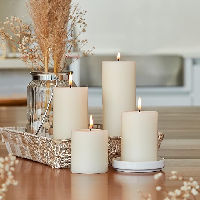 Simply Soson 3x4 inch Ivory Pillar Candles Set of 6, Smooth Texture, Unscented Ivory Candles